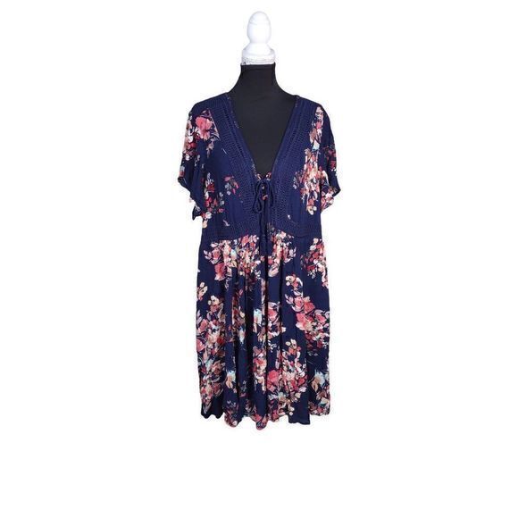 Torrid Navy Gauze Short Sleeve Skater Dress with Lace Collar Detail and Pockets - Picture 3 of 10